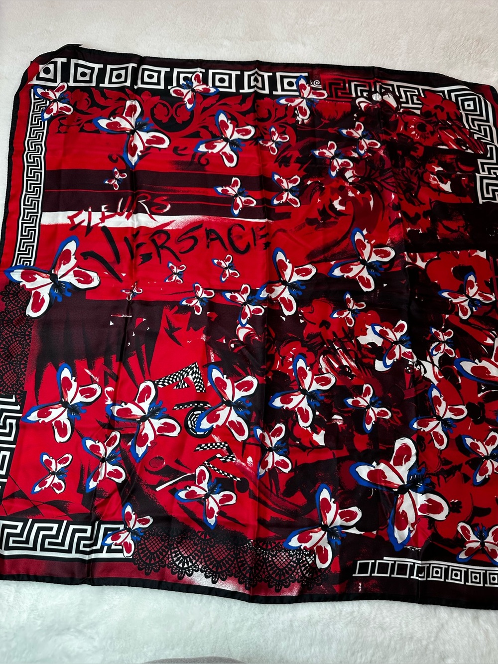 Versace Red Floral Silk-Blend Scarf with Blue & White Accents